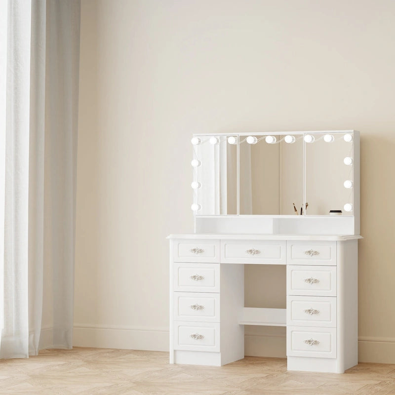 White Makeup Vanity Table with Tri-Fold Lighted Mirror and Storage Drawers