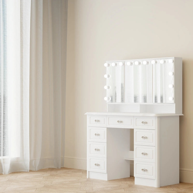 White Makeup Vanity Table with Tri-Fold Lighted Mirror and Storage Drawers
