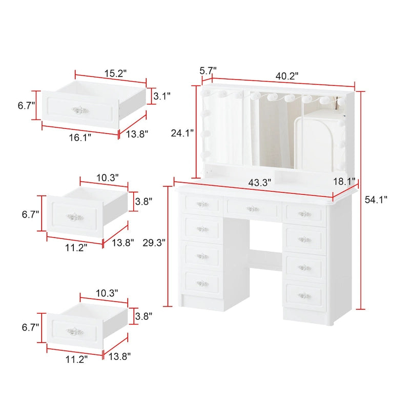 White Makeup Vanity Table with Tri-Fold Lighted Mirror and Storage Drawers