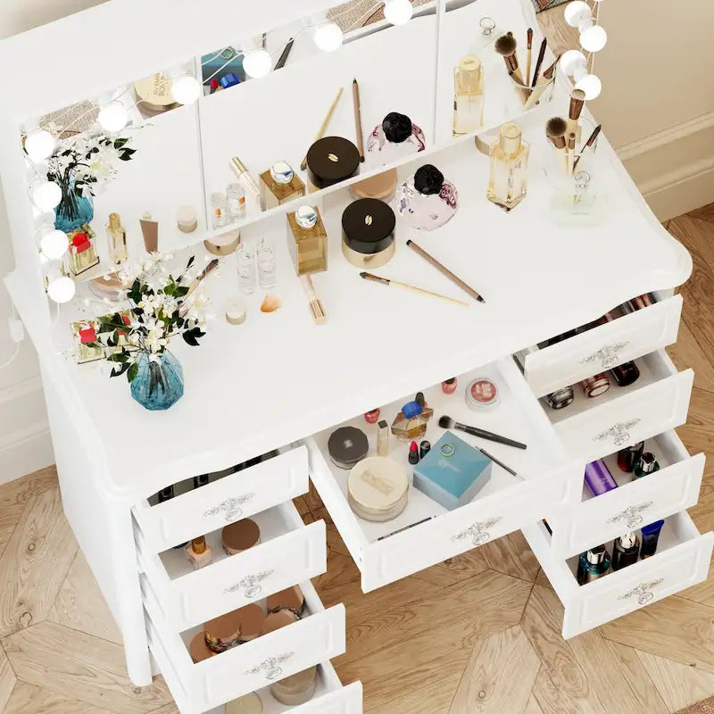 White Makeup Vanity Table with Tri-Fold Lighted Mirror and Storage Drawers