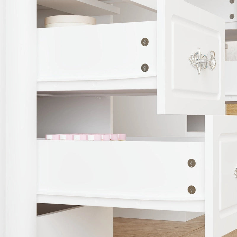 White Makeup Vanity Table with Tri-Fold Lighted Mirror and Storage Drawers