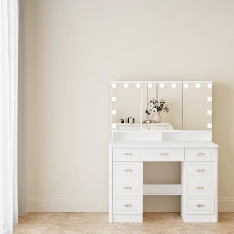 White Makeup Vanity Table with Tri-Fold Lighted Mirror and Storage Drawers