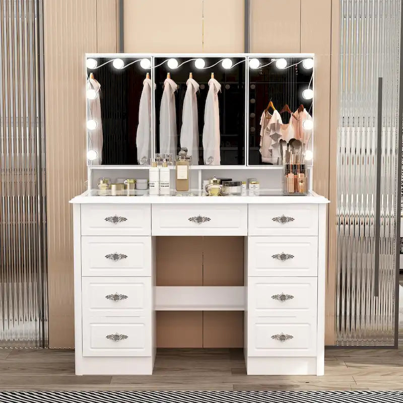 White Makeup Vanity Table with Tri-Fold Lighted Mirror and Storage Drawers