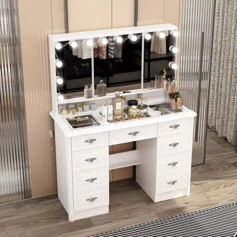 White Makeup Vanity Table with Tri-Fold Lighted Mirror and Storage Drawers