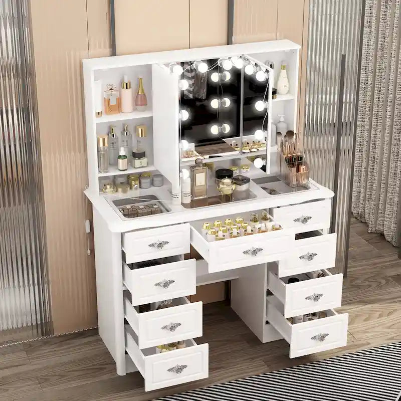 White Makeup Vanity Table with Tri-Fold Lighted Mirror and Storage Drawers