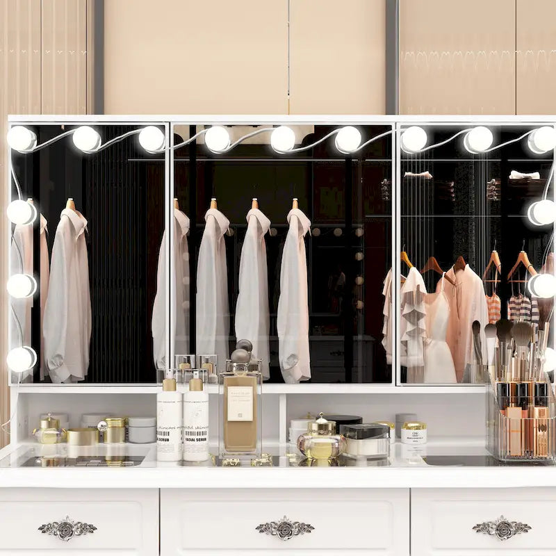 White Makeup Vanity Table with Tri-Fold Lighted Mirror and Storage Drawers
