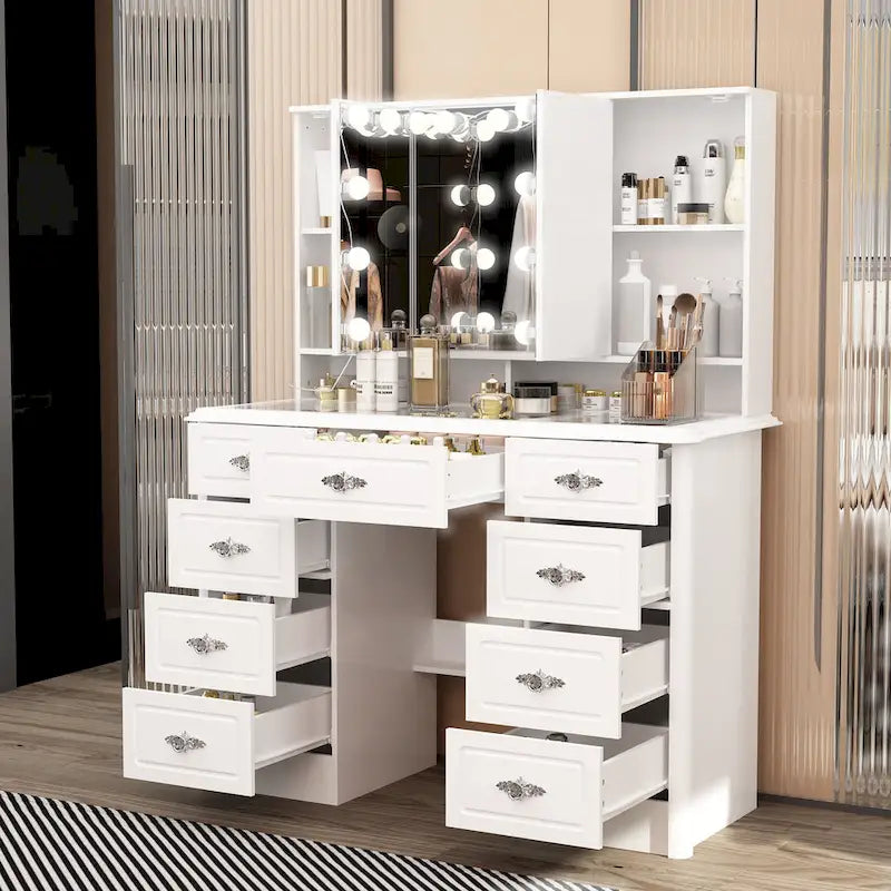 White Makeup Vanity Table with Tri-Fold Lighted Mirror and Storage Drawers