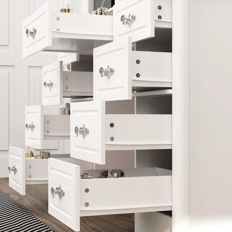 White Makeup Vanity Table with Tri-Fold Lighted Mirror and Storage Drawers