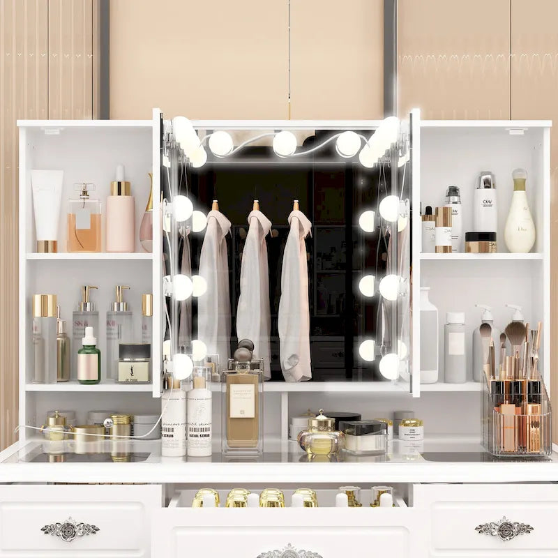 White Makeup Vanity Table with Tri-Fold Lighted Mirror and Storage Drawers