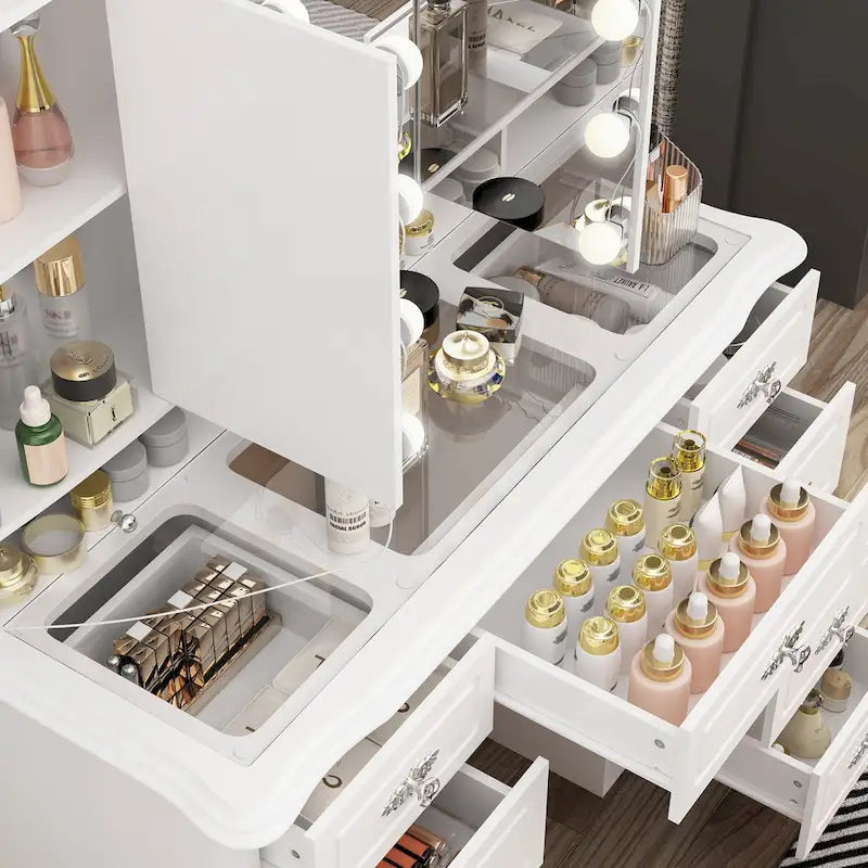 White Makeup Vanity Table with Tri-Fold Lighted Mirror and Storage Drawers