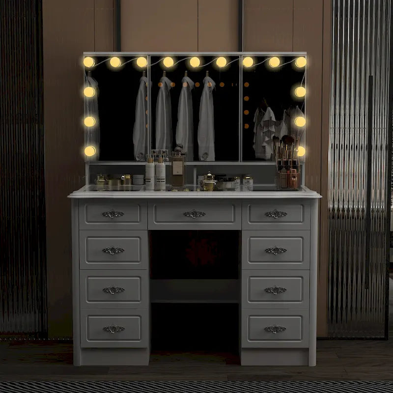 White Makeup Vanity Table with Tri-Fold Lighted Mirror and Storage Drawers