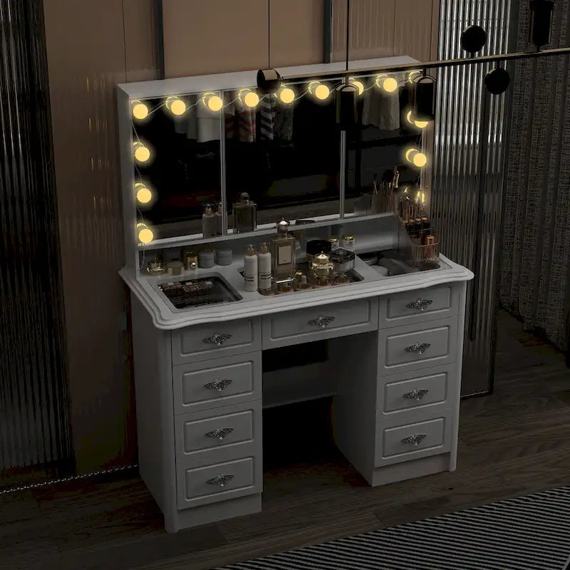 White Makeup Vanity Table with Tri-Fold Lighted Mirror and Storage Drawers