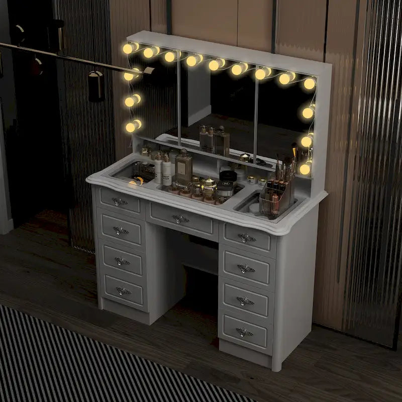 White Makeup Vanity Table with Tri-Fold Lighted Mirror and Storage Drawers
