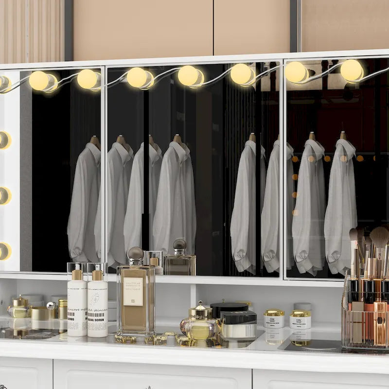 White Makeup Vanity Table with Tri-Fold Lighted Mirror and Storage Drawers