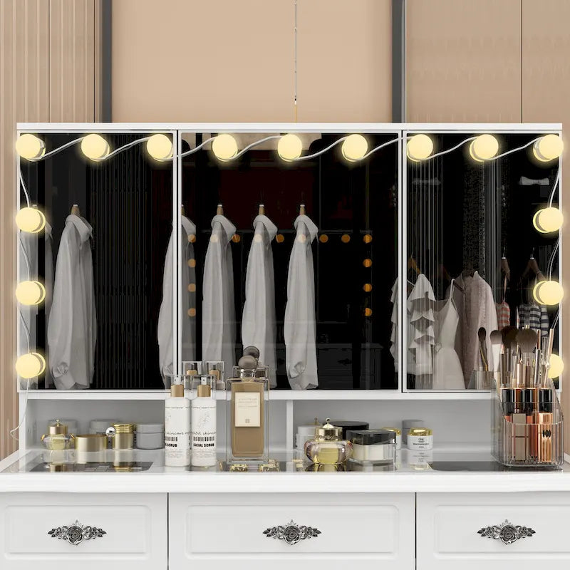 White Makeup Vanity Table with Tri-Fold Lighted Mirror and Storage Drawers
