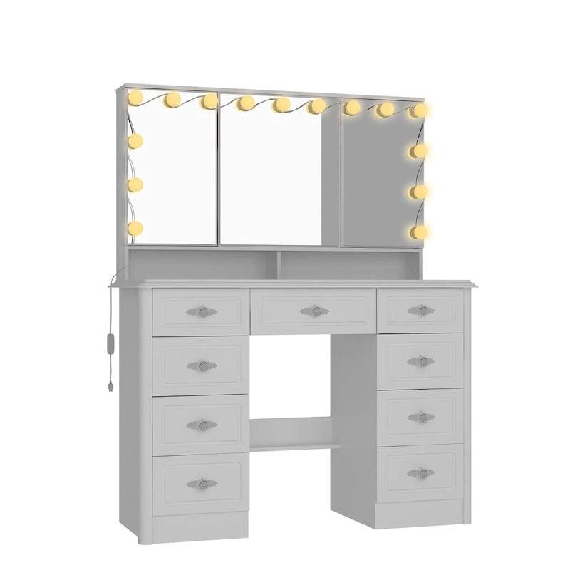 White Makeup Vanity Table with Tri-Fold Lighted Mirror and Storage Drawers