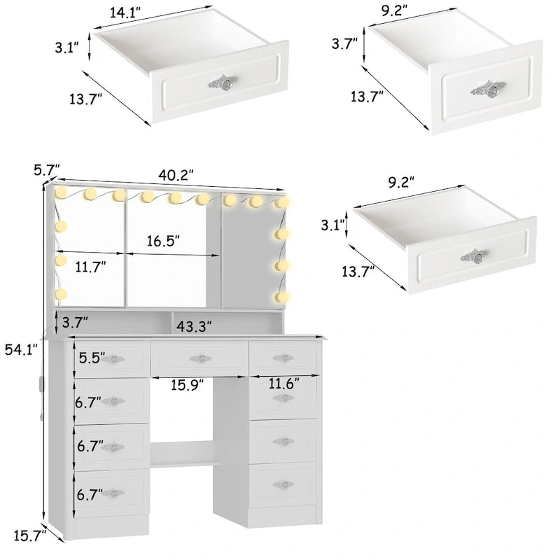 White Makeup Vanity Table with Tri-Fold Lighted Mirror and Storage Drawers