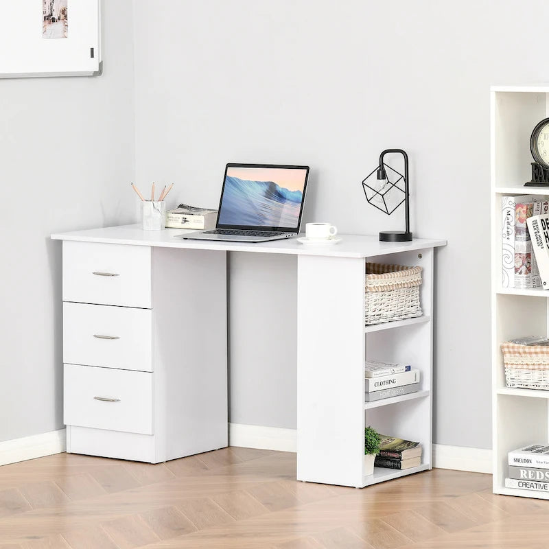 47-Inch White Computer Desk with 3 Drawers and 3 Open Shelves