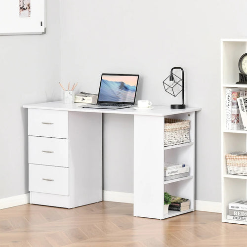 47-Inch White Computer Desk with 3 Drawers and 3 Open Shelves