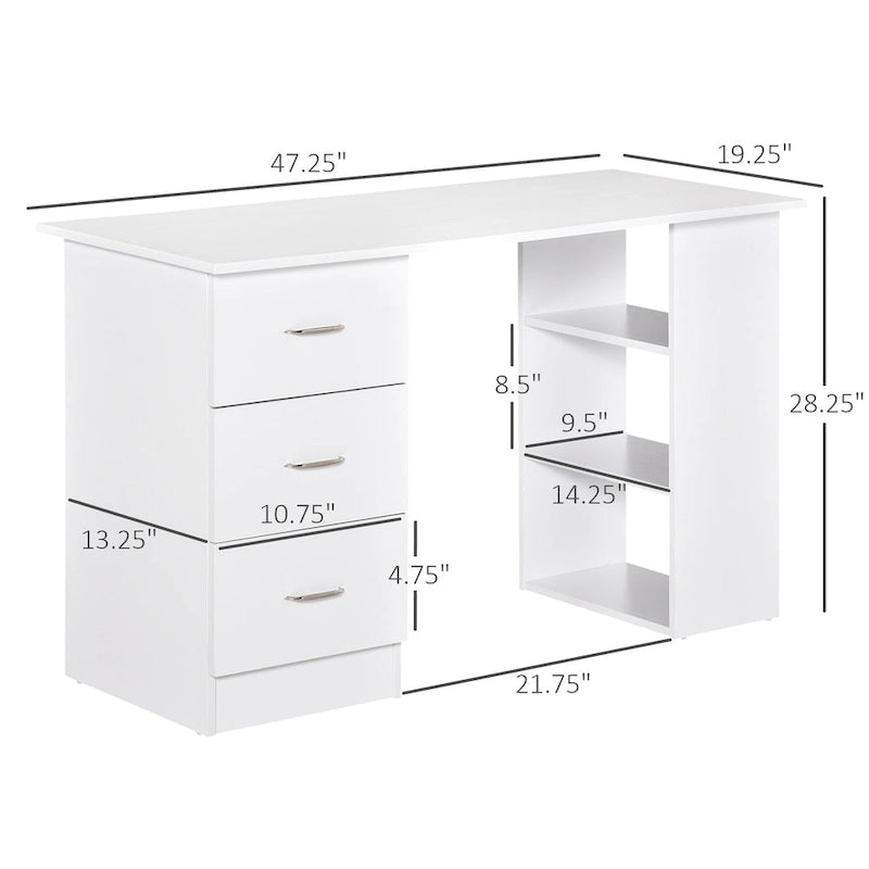 47-Inch White Computer Desk with 3 Drawers and 3 Open Shelves