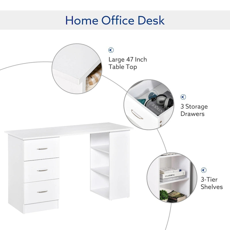 47-Inch White Computer Desk with 3 Drawers and 3 Open Shelves