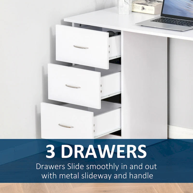 47-Inch White Computer Desk with 3 Drawers and 3 Open Shelves