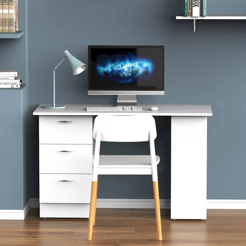 47-Inch White Computer Desk with 3 Drawers and 3 Open Shelves