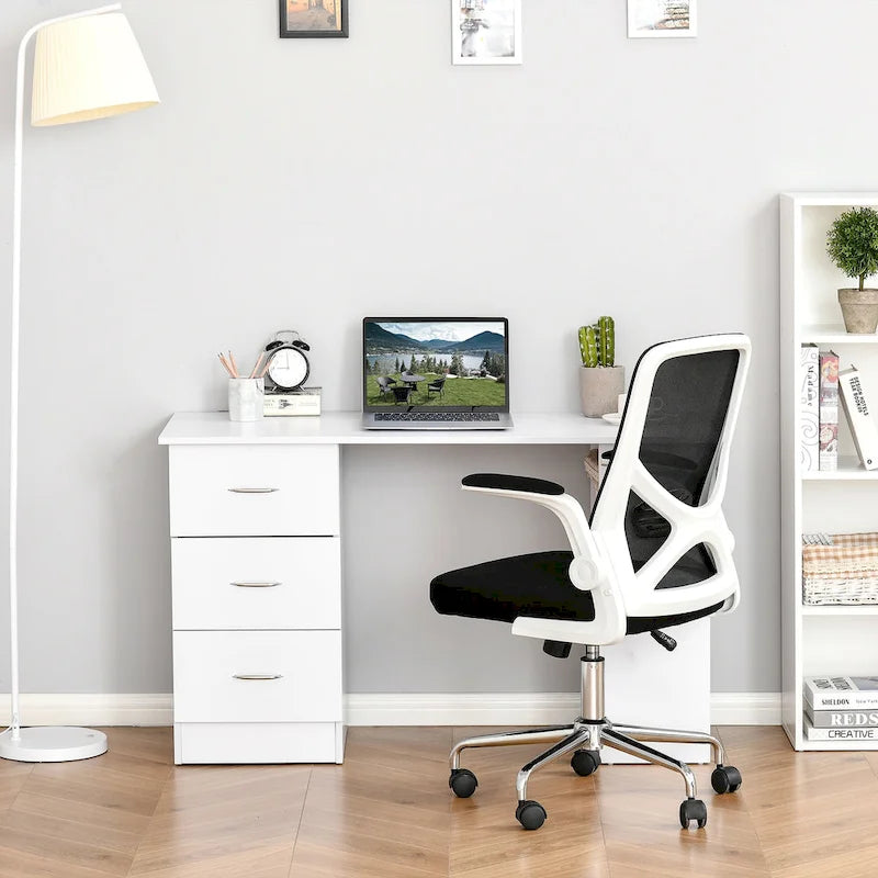 47-Inch White Computer Desk with 3 Drawers and 3 Open Shelves