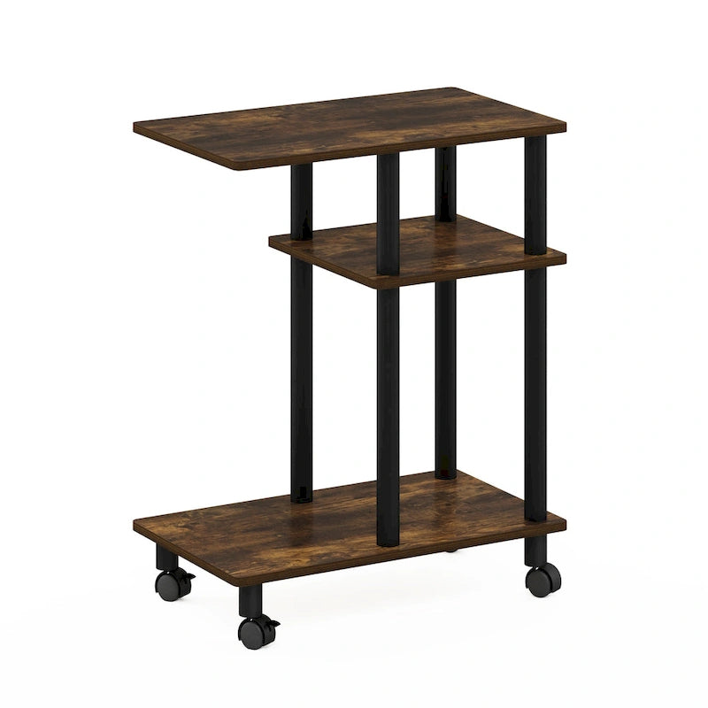 U-Shape Sofa Side Table with Open Shelves and Caster Wheels