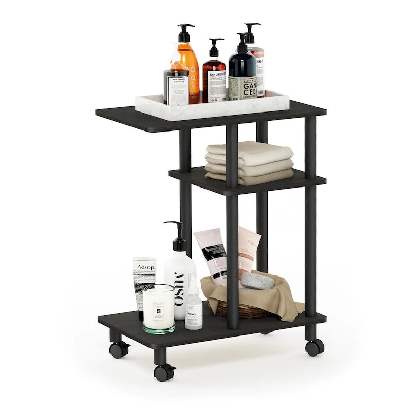 U-Shape Sofa Side Table with Open Shelves and Caster Wheels