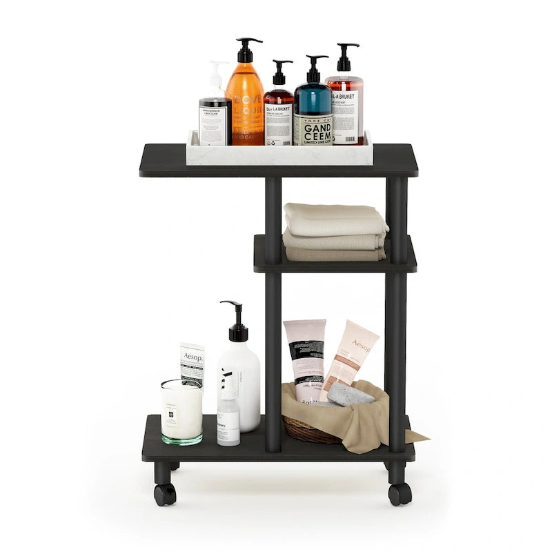 U-Shape Sofa Side Table with Open Shelves and Caster Wheels