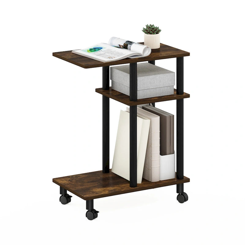 U-Shape Sofa Side Table with Open Shelves and Caster Wheels