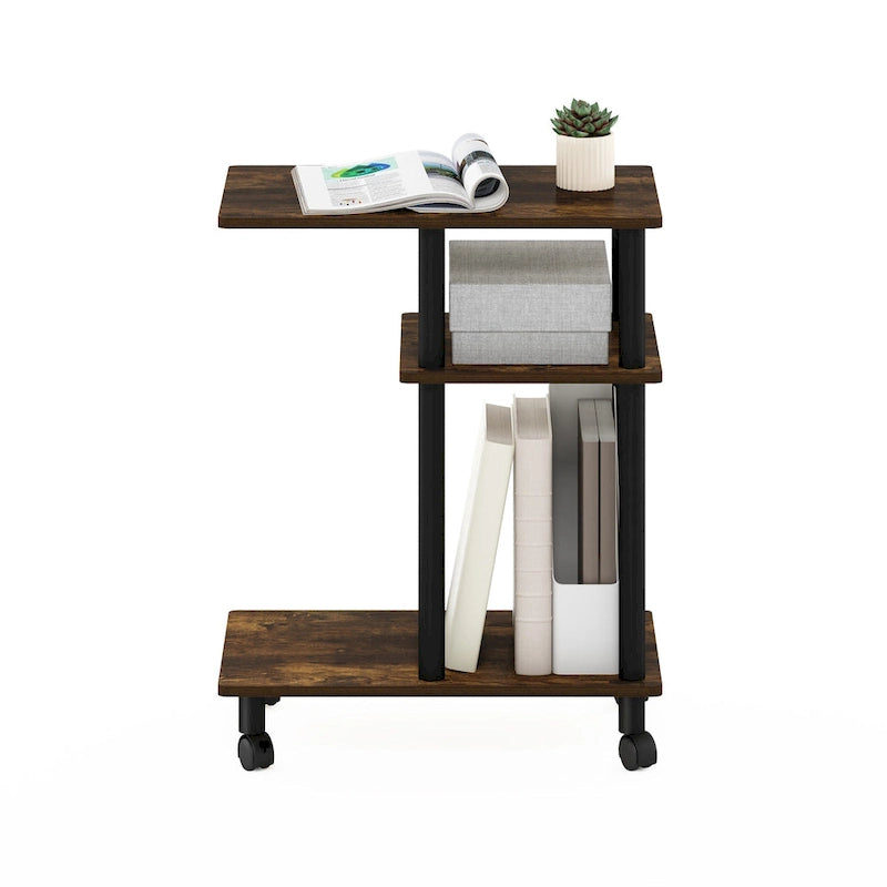 U-Shape Sofa Side Table with Open Shelves and Caster Wheels