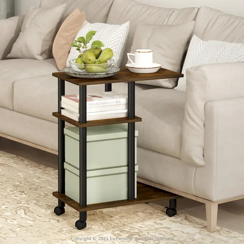 U-Shape Sofa Side Table with Open Shelves and Caster Wheels