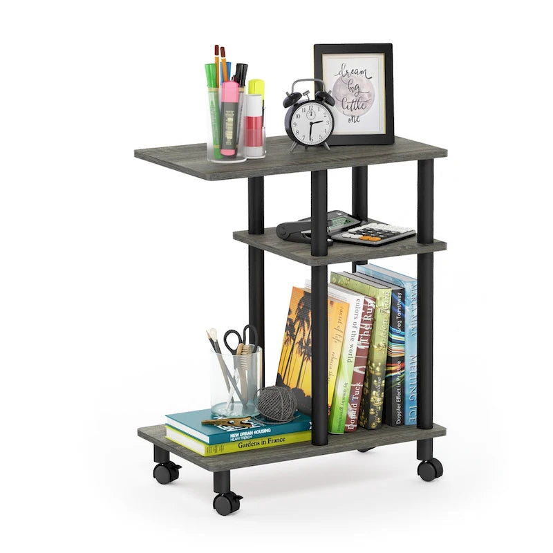 U-Shape Sofa Side Table with Open Shelves and Caster Wheels