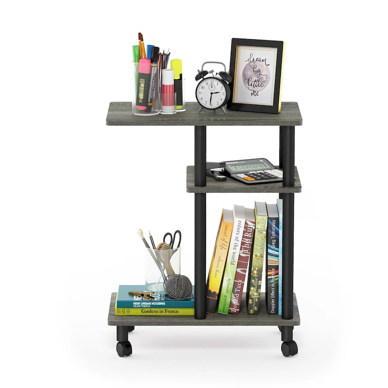 U-Shape Sofa Side Table with Open Shelves and Caster Wheels