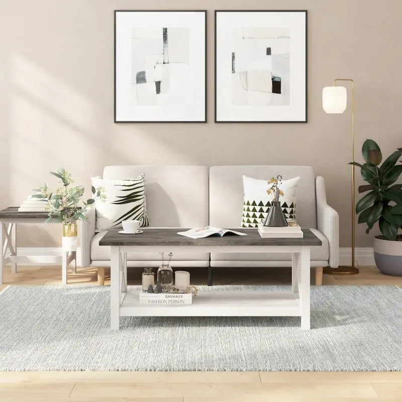 Solid Wood Farmhouse Coffee Table with X-Frame and Lower Storage Shelf