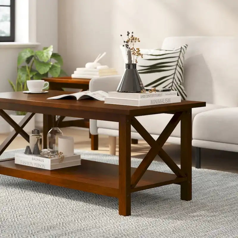 Solid Wood Farmhouse Coffee Table with X-Frame and Lower Storage Shelf