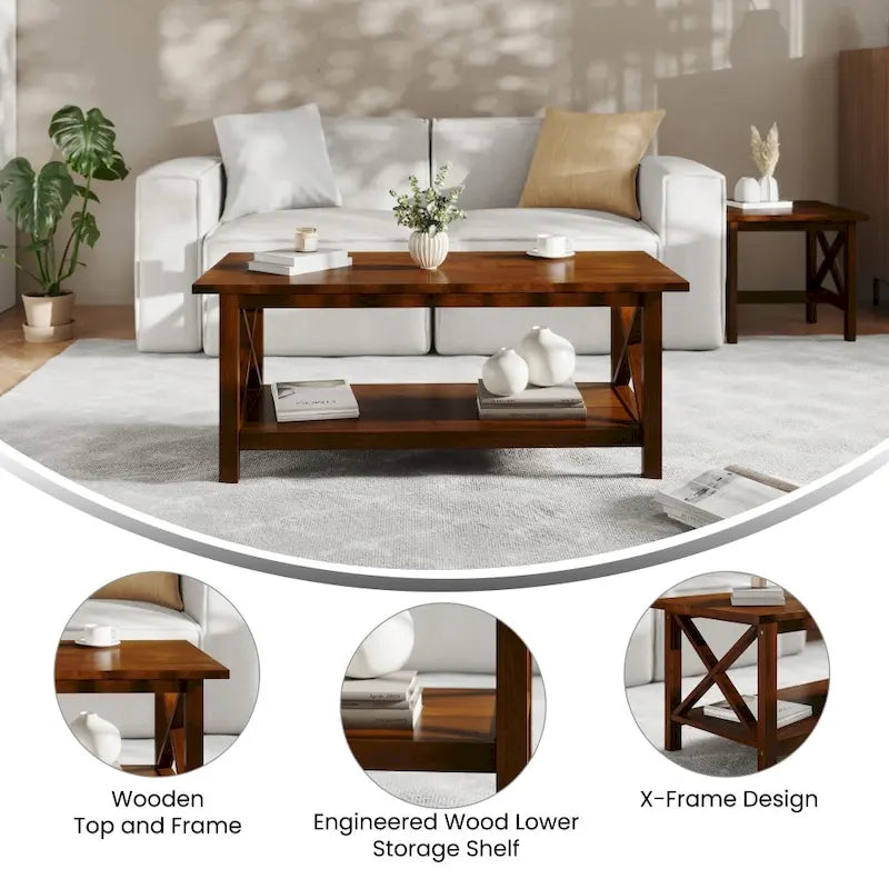 Solid Wood Farmhouse Coffee Table with X-Frame and Lower Storage Shelf