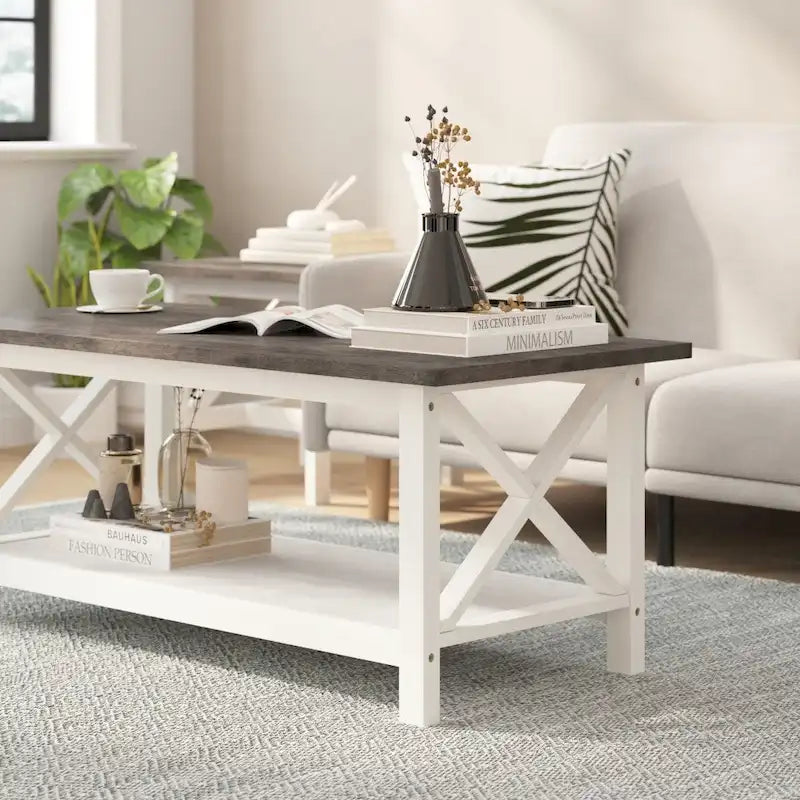 Solid Wood Farmhouse Coffee Table with X-Frame and Lower Storage Shelf