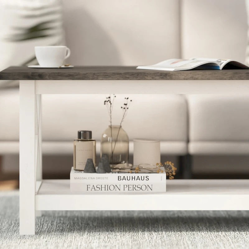 Solid Wood Farmhouse Coffee Table with X-Frame and Lower Storage Shelf