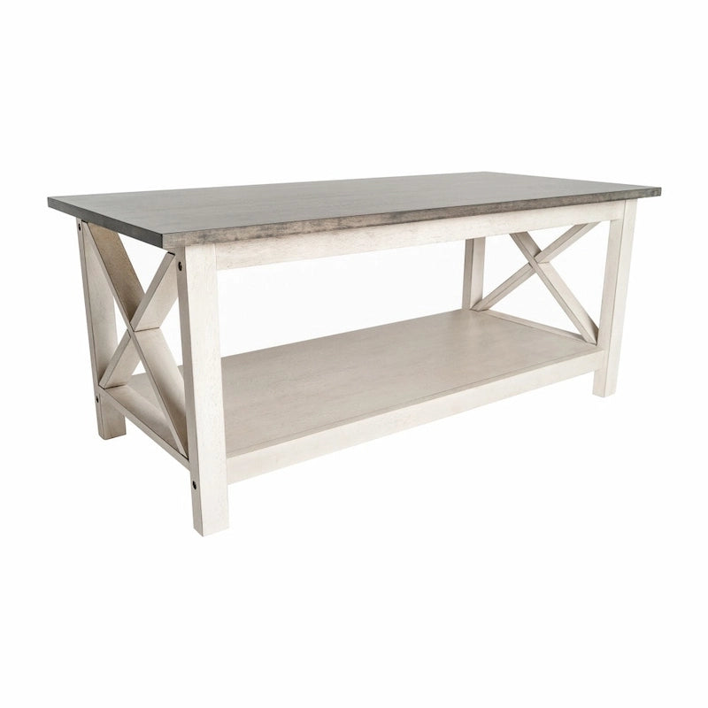 Solid Wood Farmhouse Coffee Table with X-Frame and Lower Storage Shelf