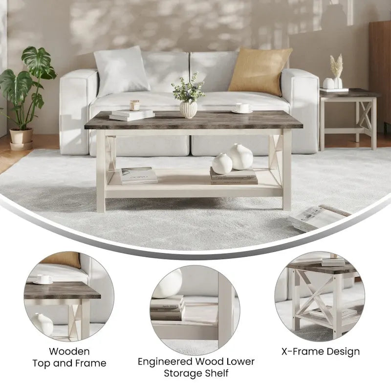 Solid Wood Farmhouse Coffee Table with X-Frame and Lower Storage Shelf