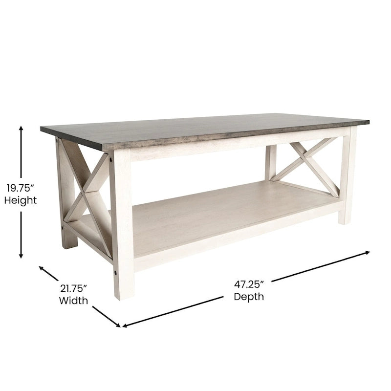 Solid Wood Farmhouse Coffee Table with X-Frame and Lower Storage Shelf