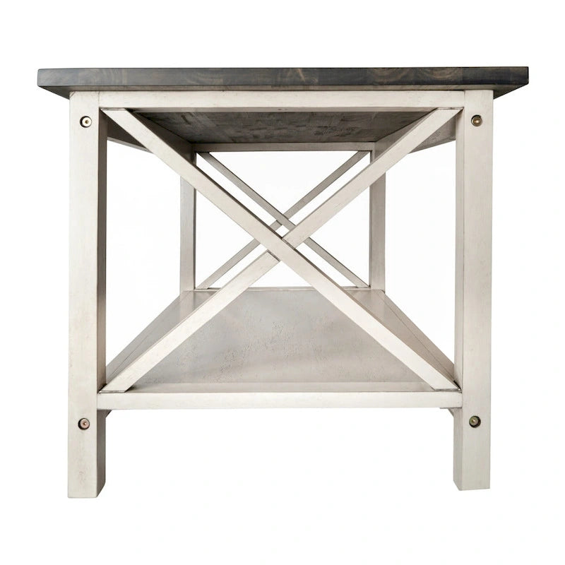 Solid Wood Farmhouse Coffee Table with X-Frame and Lower Storage Shelf