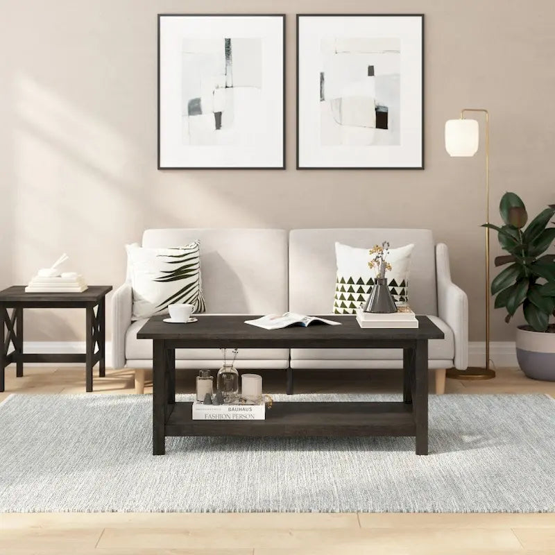 Solid Wood Farmhouse Coffee Table with X-Frame and Lower Storage Shelf
