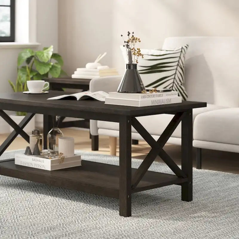 Solid Wood Farmhouse Coffee Table with X-Frame and Lower Storage Shelf