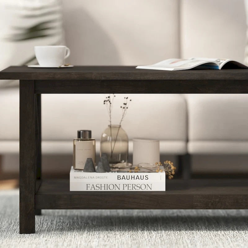 Solid Wood Farmhouse Coffee Table with X-Frame and Lower Storage Shelf