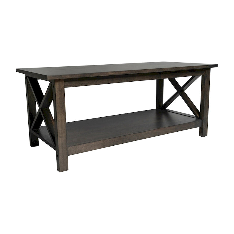 Solid Wood Farmhouse Coffee Table with X-Frame and Lower Storage Shelf