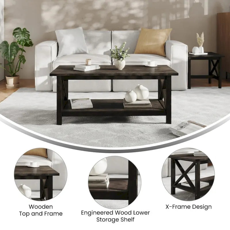 Solid Wood Farmhouse Coffee Table with X-Frame and Lower Storage Shelf